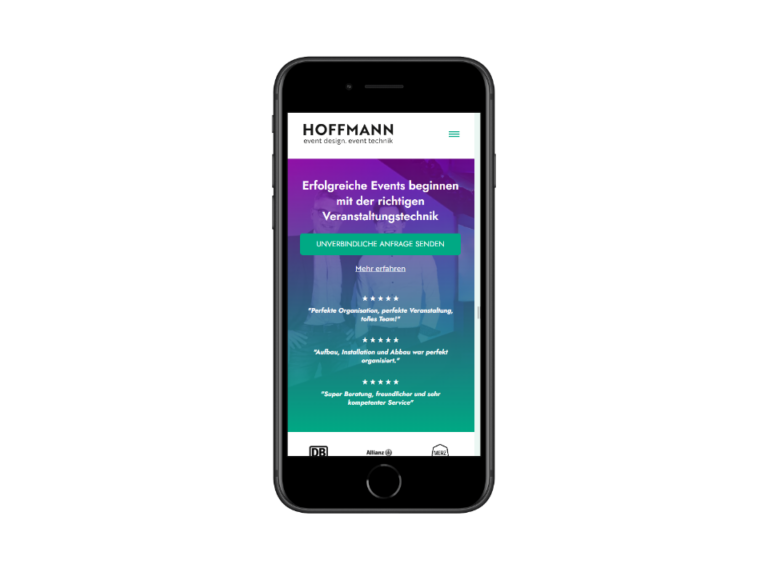 Hoffmann Eventtechnik mobile Website auf einem Smartphone, zeigt die Startseite mit dem Slogan 'Erfolgreiche Events beginnen mit der richtigen Veranstaltungstechnik